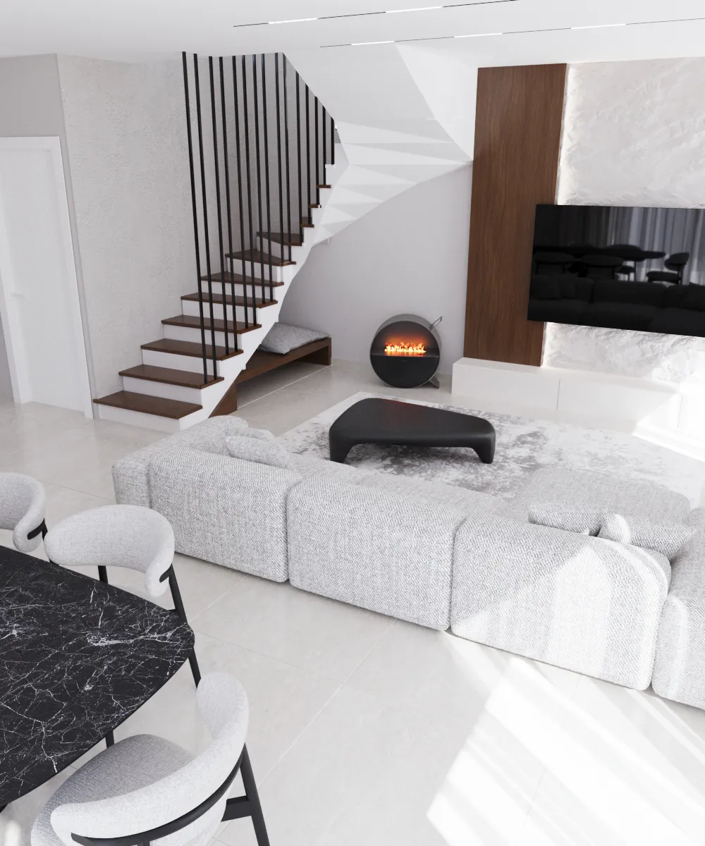 3D interjero vizualizacija — elegantiškas svetainės dizainas su laiptais ir dizainerišku apšvietimu